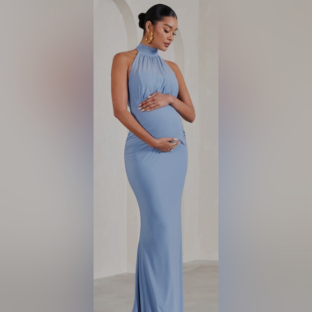 IN MY HEART
CORNFLOWER BLUE MESH HALTER-NECK SLEEVELESS MATERNITY MAXI DRESS